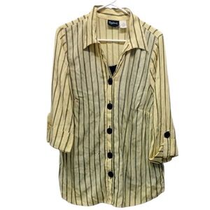 Maggie Barnes Yellow Pinstripe Button Down 3/4 Sleeve Blouse